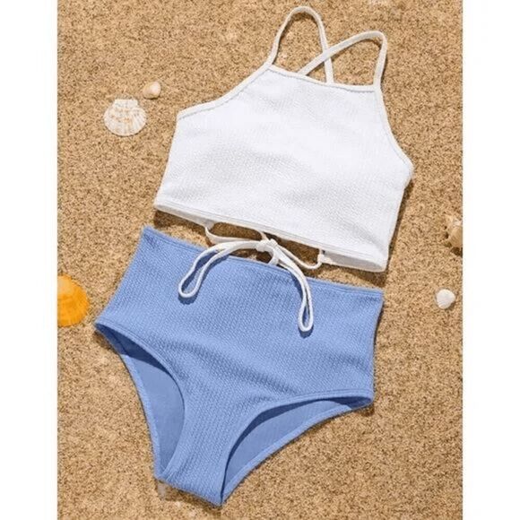 Magnolia Place White & Blue High Cut Bikini 2pcs SET Swimwear L - Picture 1 of 6
